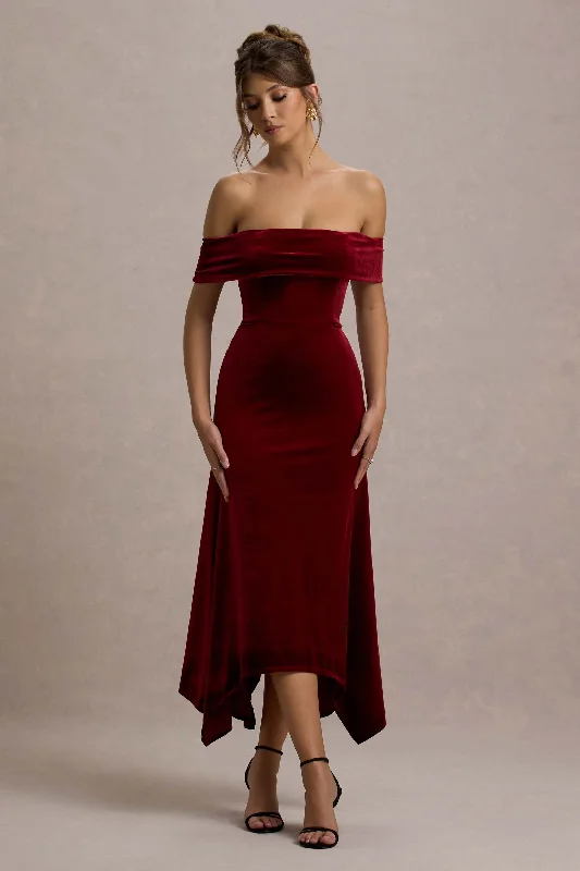 Women's Lapel Collar DressesHalia | Berry Velvet Bardot Midi Dress