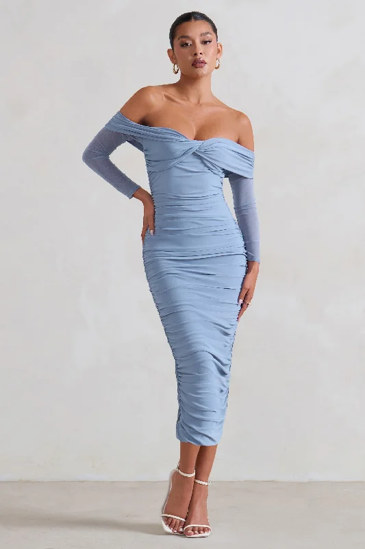 Women's V-Back DressesNeva | Ice Blue Bardot Twist Midi Dress