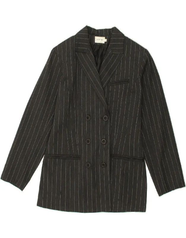 Women's Coats with Fur Trimmed HoodVINTAGE Womens Double Breasted Blazer Jacket IT 42 Medium Grey Pinstripe