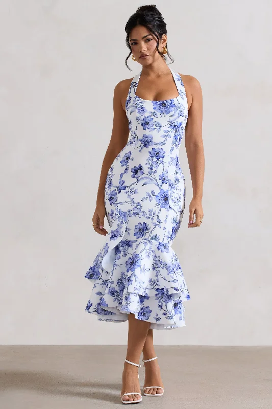 Women's Bell-Sleeve DressesArla | Blue Floral Print Halter-Neck Ruffle Trim Midi Dress