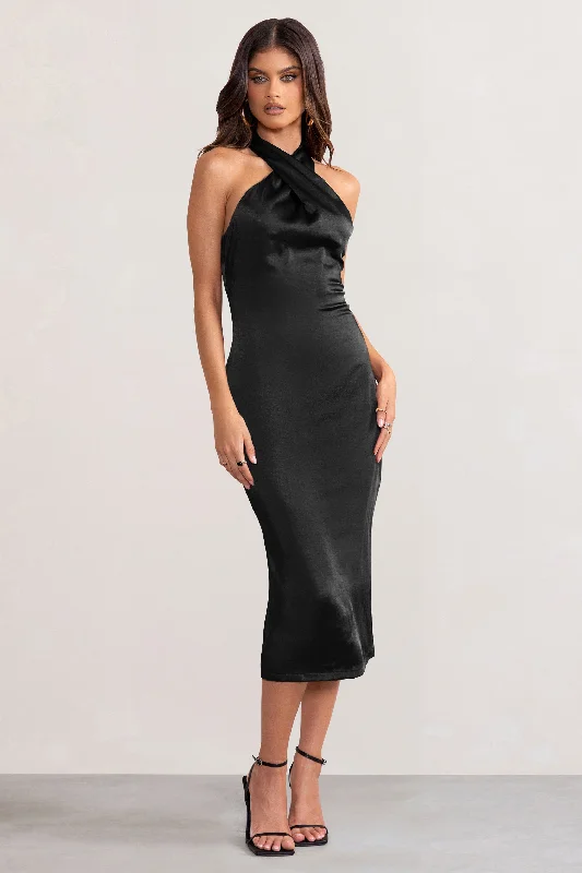 Women's Wide-Neck DressesDazzling | Black Satin Cross Over Halter Neck Midi Dress