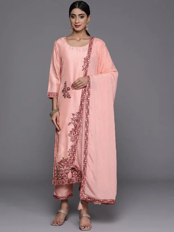 Women's Jumpsuits with Asymmetrical HemPeach Woven Design Silk Blend Straight Kurta With Trousers & Dupatta