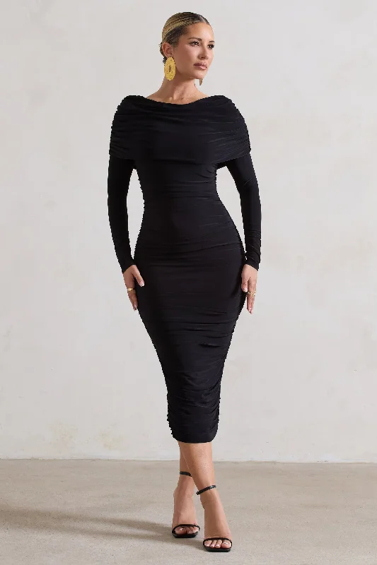 Women's V-Back DressesLea | Black Long Sleeve Ruched Midi Dress with Draped Bardot Overlay