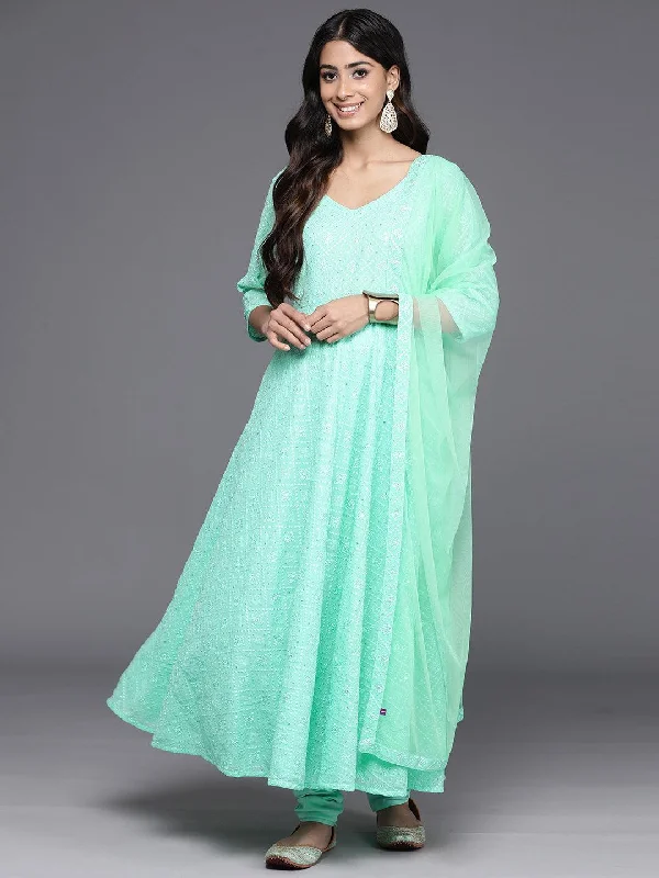 Women's Jumpsuits with Mandarin CollarGreen Embroidered Georgette Anarkali Kurta With Churidar & Dupatta