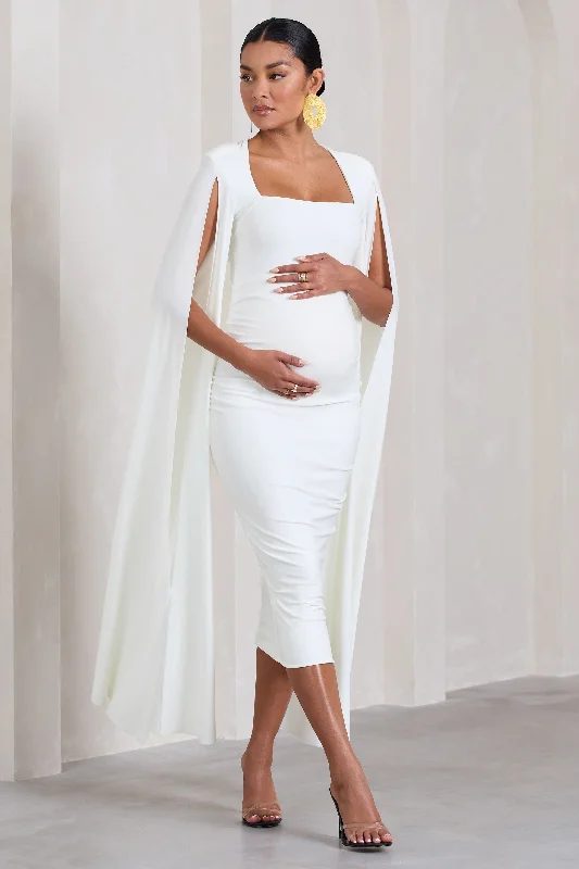 Women's Bodycon DressesFlawless | White Maternity Square Neck Midi Dress With Cape Sleeves