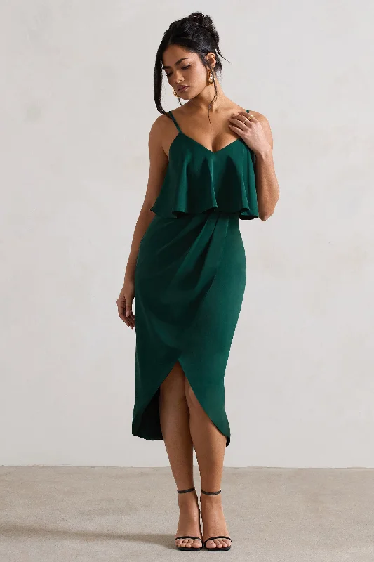 Women's High Collar DressesFaro | Bottle Green Strappy Draped-Neck Wrap Midi Dress