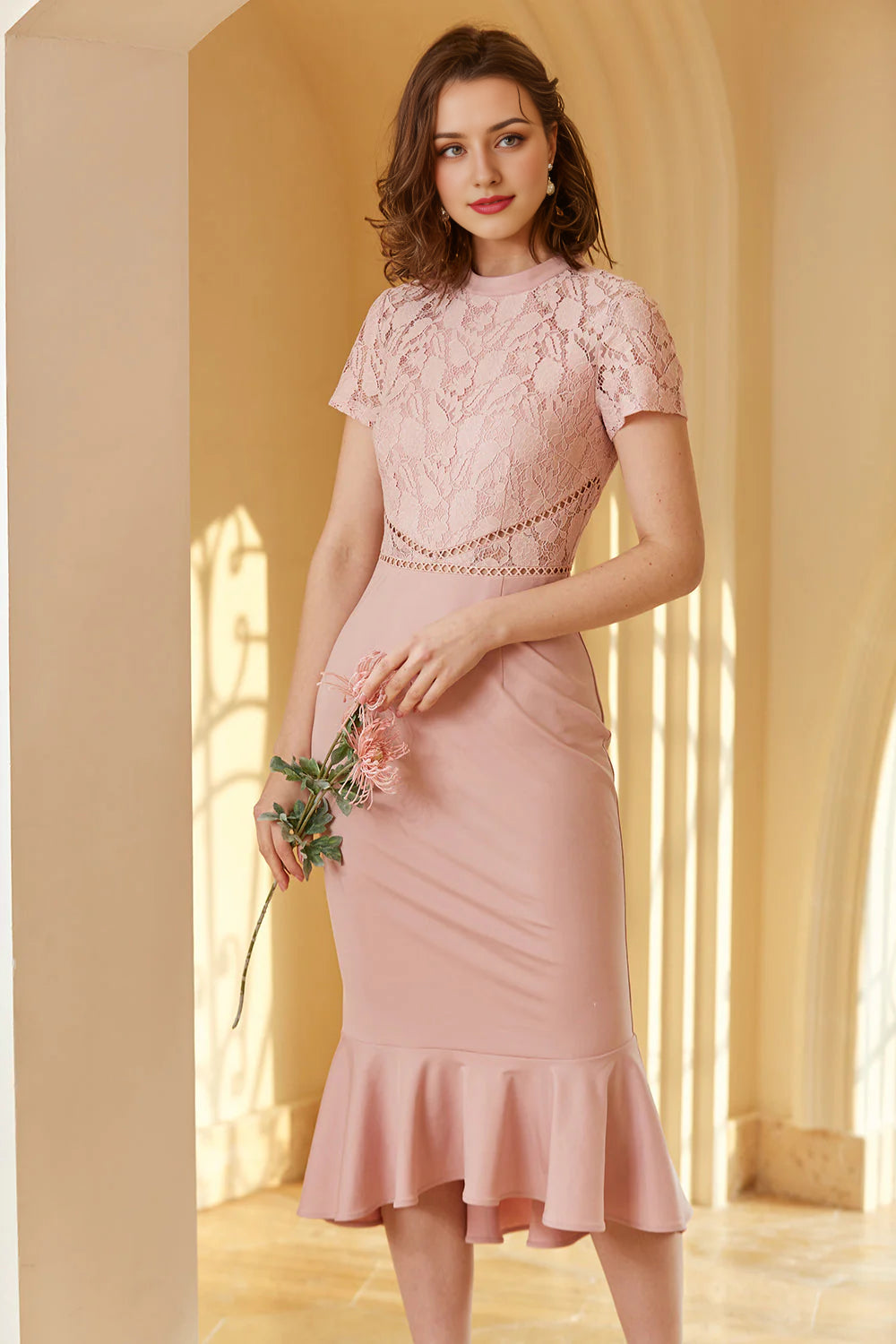 Women's Keyhole-Back DressesPink Lace Bodycon 1960s Dress Wedding Guest Dress