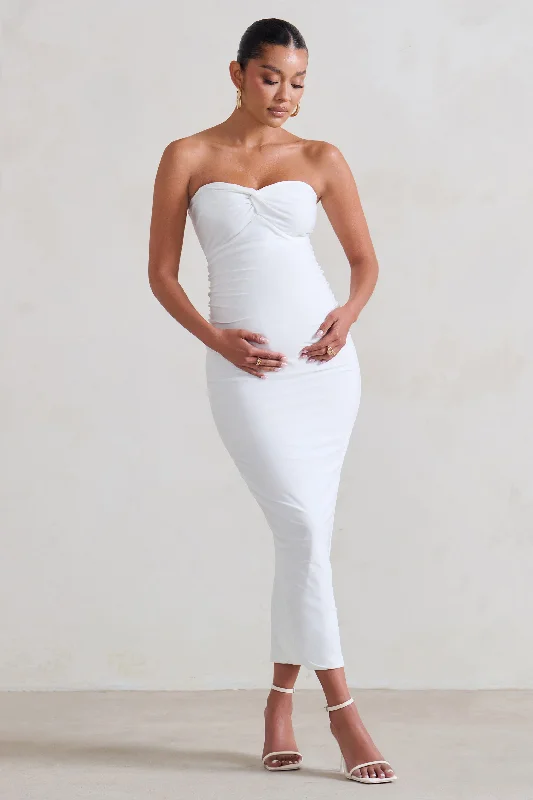 Women's V-Shaped Collar DressesEvita | White Maternity Sweetheart Twist Detail Midi Dress