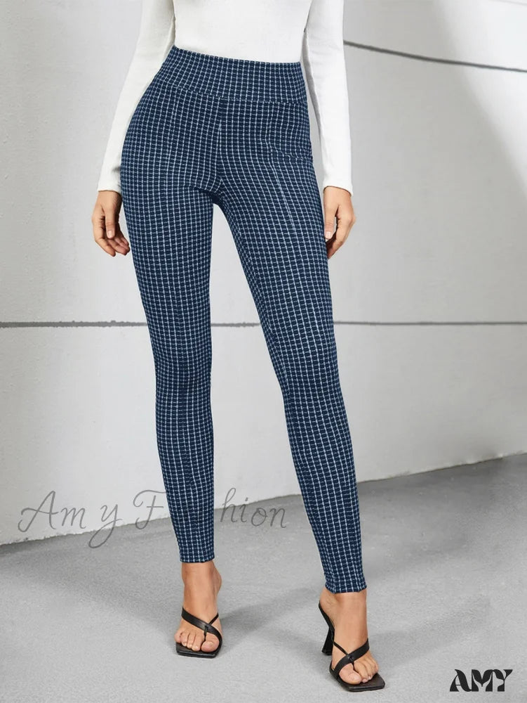 Women's Jodhpurs with Shirt CollarAmy Fashion - Plaid Print Skinny Pants