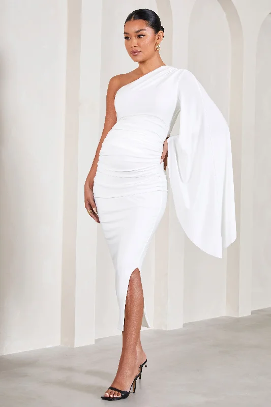 Women's Racerback DressesAdeline | White Ruched Asymmetric Split Maternity Midi Dress With Cape Sleeve