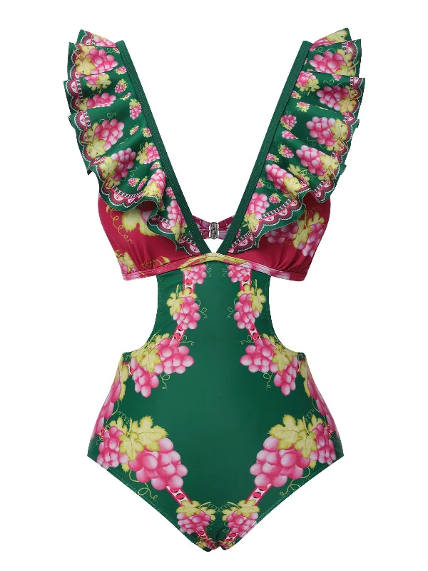 Green 1950s Retro-Flowers V-Neck Swimsuit