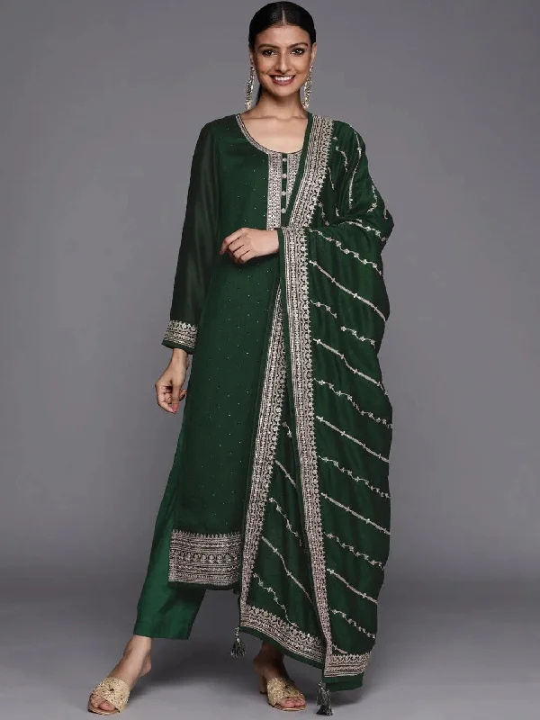 Women's Jumpsuits with Elastic WaistGreen Embroidered Silk Blend Straight Kurta With Dupatta