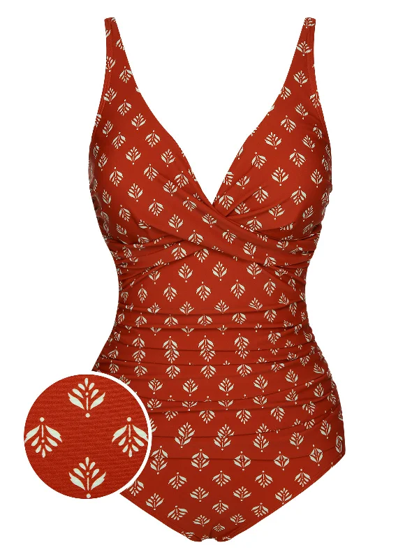 Fire Brick Red 1940s Leaves V-Neck Swimsuit