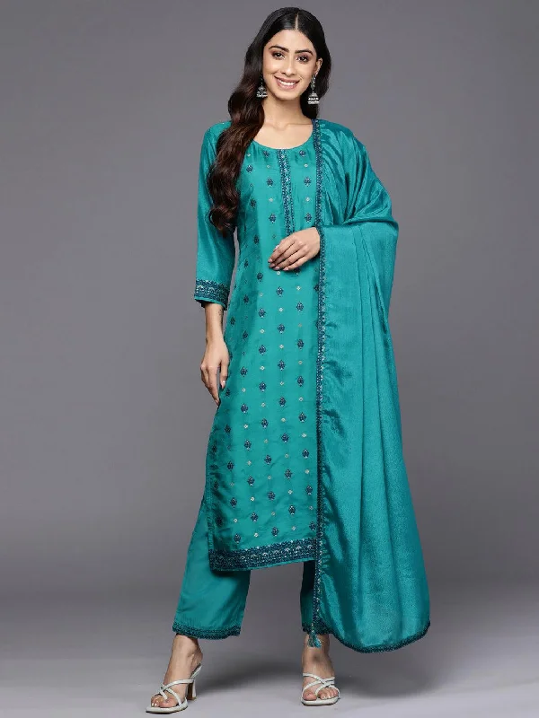 Women's Jumpsuits with U-Shaped CollarTurquoise Blue Self Design Silk Blend Straight Kurta With Trousers & Dupatta