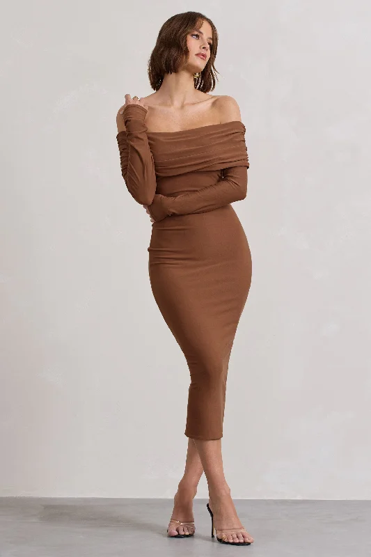 Women's Keyhole-Neck DressesIntercept | Brown Bodycon Bardot Tie-Back Midi Dress