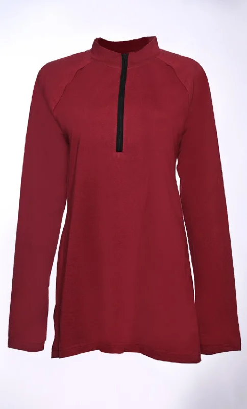 Women's Hooded Sweatshirts with Microfiber LiningMaroon Casual T-Shirt with Half Zip Closure