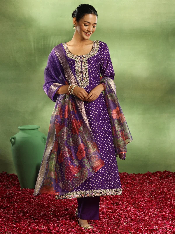 Women's Jumpsuits with Square CollarPurple Printed Silk Blend Straight Suit With Dupatta