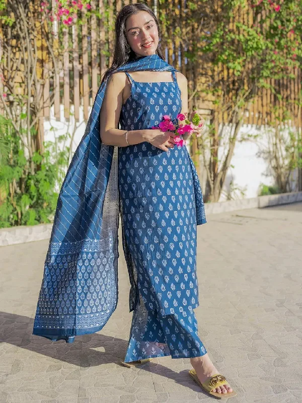 Women's Jumpsuits with Keyhole NeckBlue Printed Silk Blend Straight Kurta With Palazzos & Dupatta