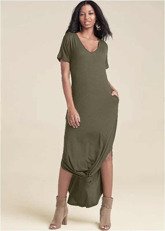 Women's Shawl Collar DressesCasual T-Shirt Maxi Dress - Olive