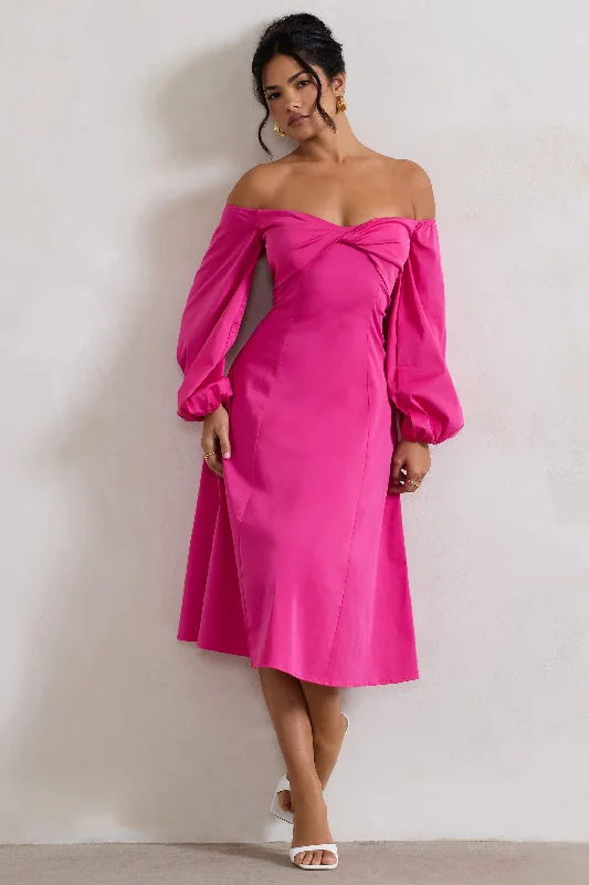 Women's Tiered DressesSantino | Hot Pink Twisted Bardot Puff-Sleeve Midi Dress