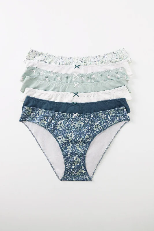 lace overlay convertible braPack 7 classic printed cotton panties - Green & White Tone