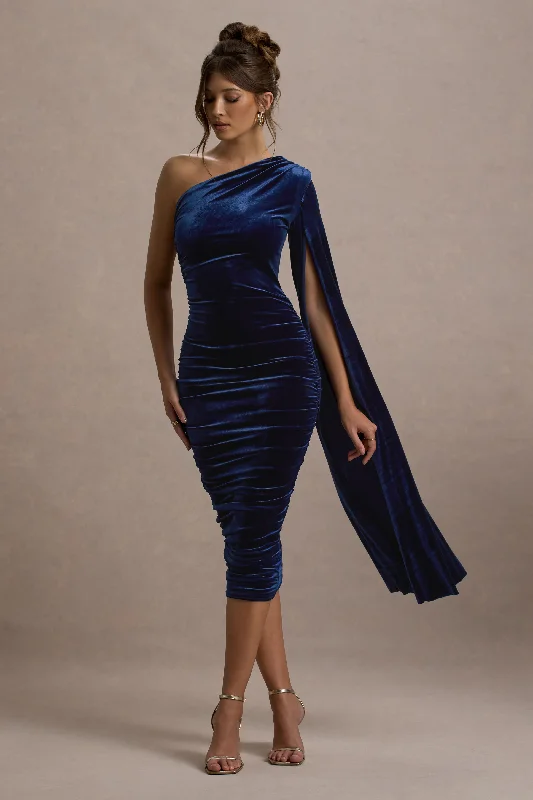 Women's Low-Neck DressesGianna | Navy Velvet One Shoulder Cape Bodycon Midi Dress