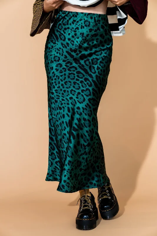 Women's Cozy SkirtsSupernova Bias Satin Skirt in Emerald Leopard