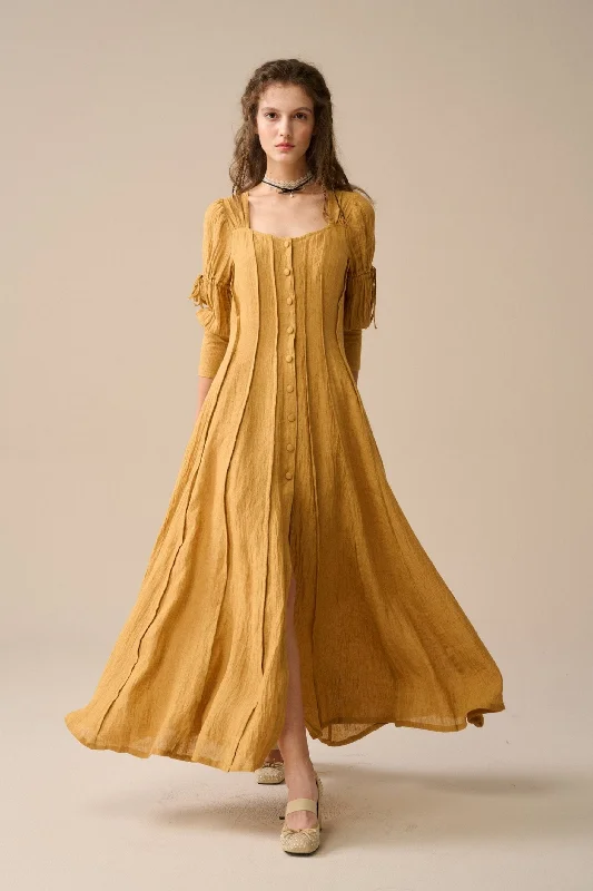 Women's Shirt Collar DressesLaura 31 | Pintucked Maxi Linen Dress