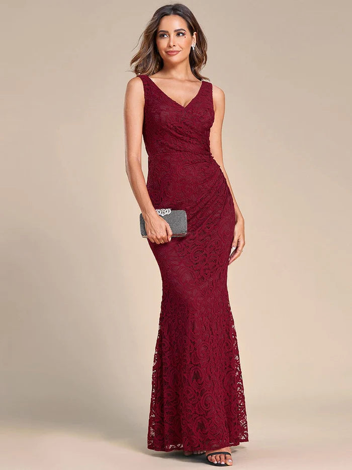 Women's Keyhole Collar DressesPleated Lace Bodycon Sleeveless Floor-Length Evening Dress