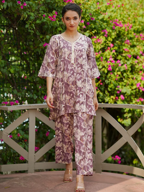 Women's Jumpsuits with Collarless DesignPurple Printed Silk Blend Co-Ords