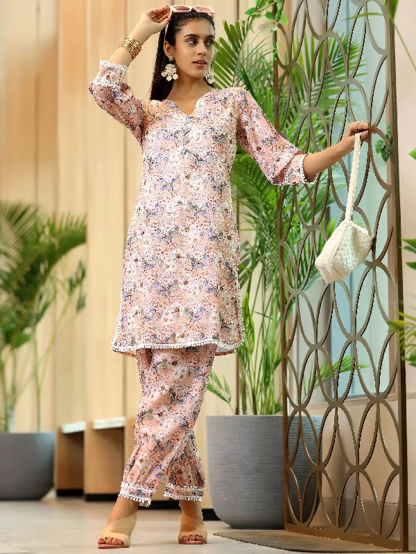 Women's Jumpsuits with Narrow CollarPeach Printed Cotton Straight Kurta Set