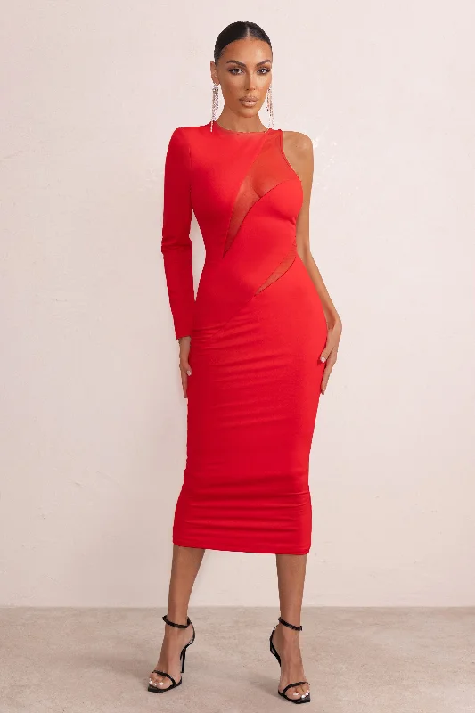 Women's Keyhole-Neck DressesMarya | Red High Neck Asymmetric Mesh Detail Bodycon Midi Dress