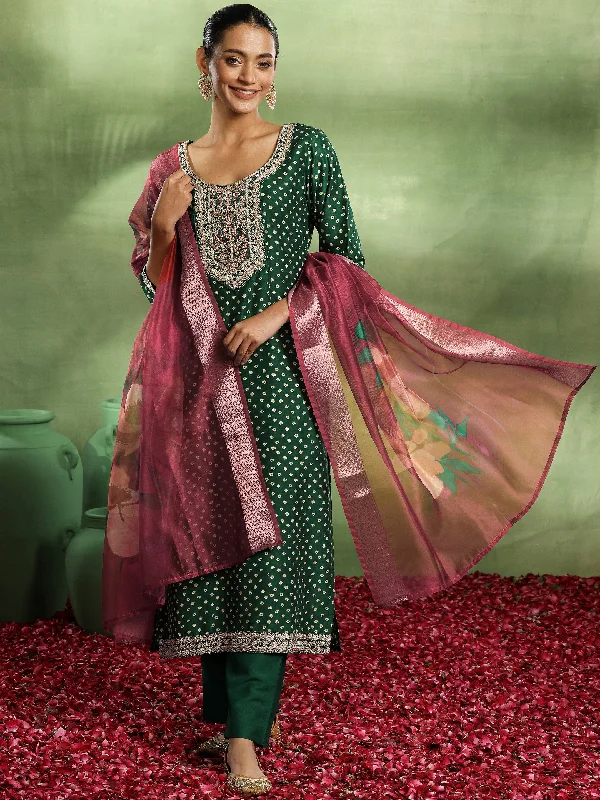 Women's Jumpsuits with Sweetheart CollarGreen Printed Silk Blend Straight Suit With Dupatta