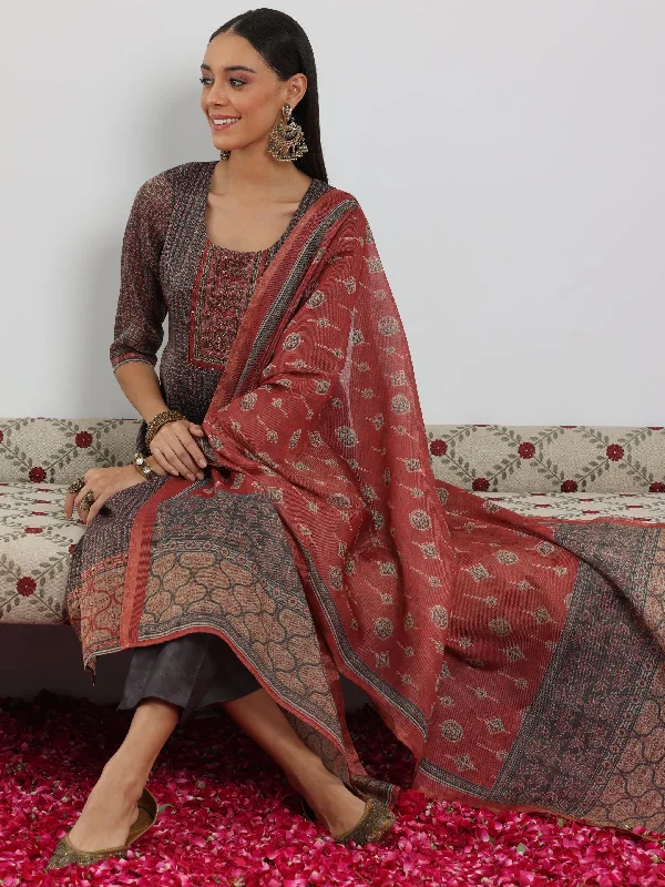 Women's Jumpsuits with Shirt CollarGrey Printed Silk Blend Straight Suit With Dupatta