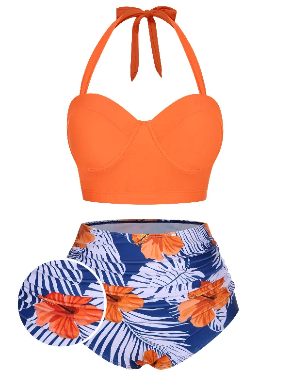 Halter Flowers Pleated Bikini Set