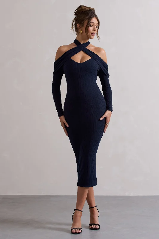 Women's Boat-Neck DressesDuet | Navy Rib Knit Halter-Neck Midi Dress With Cut-Out