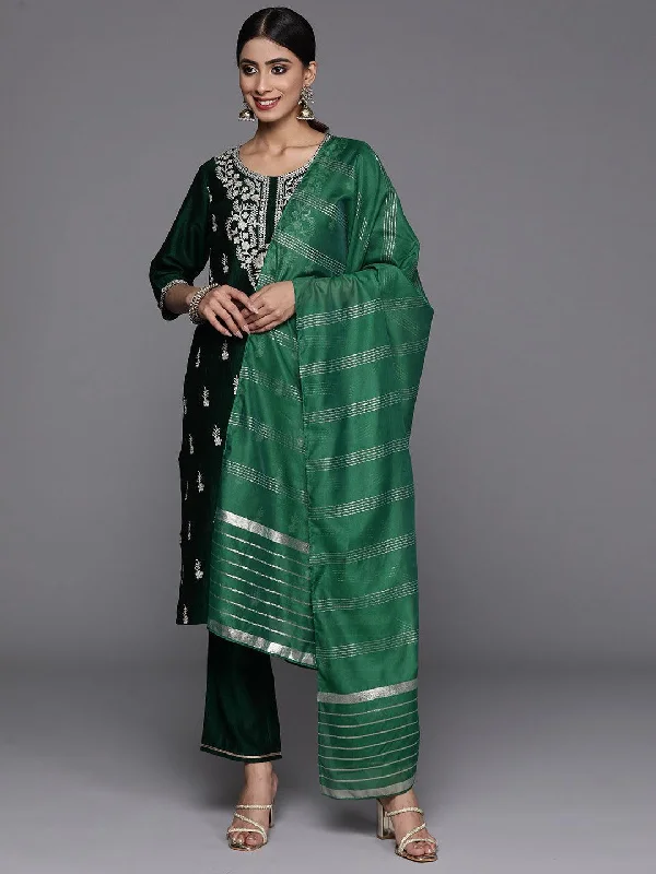 Women's Jumpsuits with Square NeckGreen Embroidered Silk Blend Straight Kurta With Trousers & Dupatta