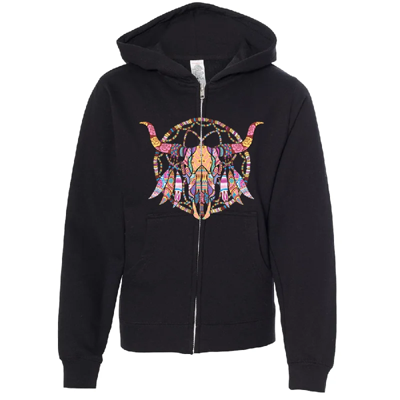 Women's Hooded Sweatshirts with Jacquard LiningCow Skull Mosaic Premium Youth Zip-Up Hoodie