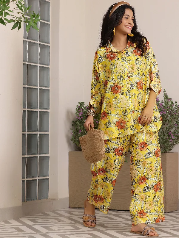 Women's Jumpsuits with Rounded HemYellow Printed Silk Blend Co-Ords