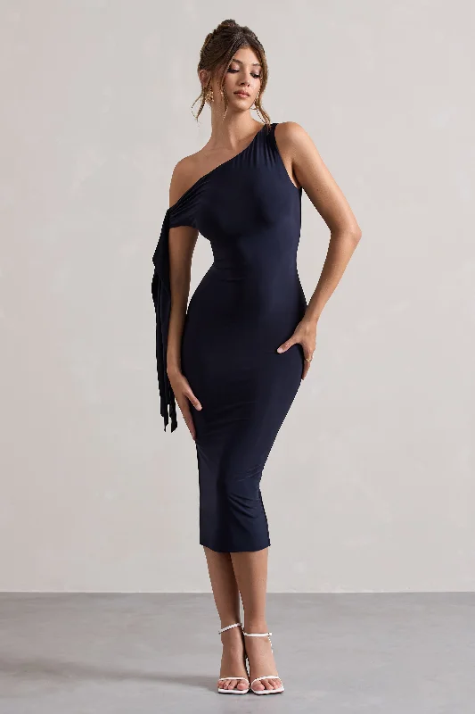 Women's V-Shaped Collar DressesAdapt | Navy Asymmetric Midi Dress With Tie Sleeve