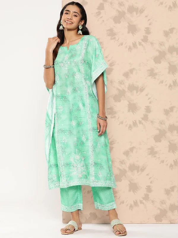 Women's Jumpsuits with Square CollarSea Green Printed Silk Blend Kaftan Kurta With Trousers