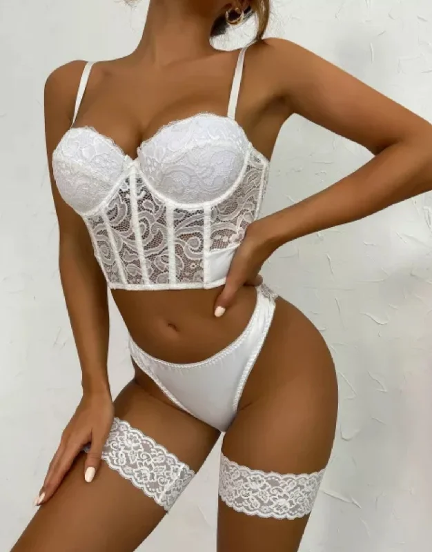 seamless bralette for layering3 pieces Mesh lingerie set, white lace bridal sexy lingerie set