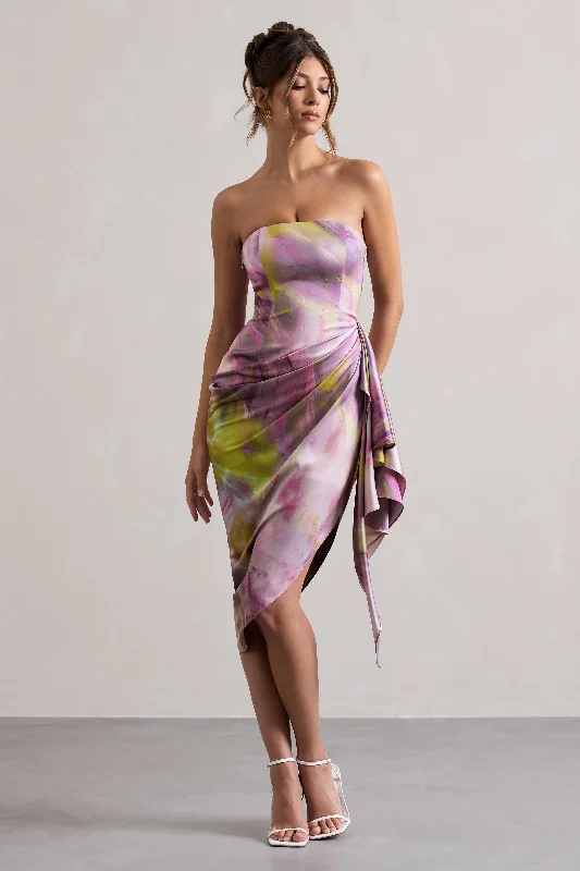 Women's Narrow-Neck DressesAxel | Lilac Print Satin Strapless Wrap Midi Dress