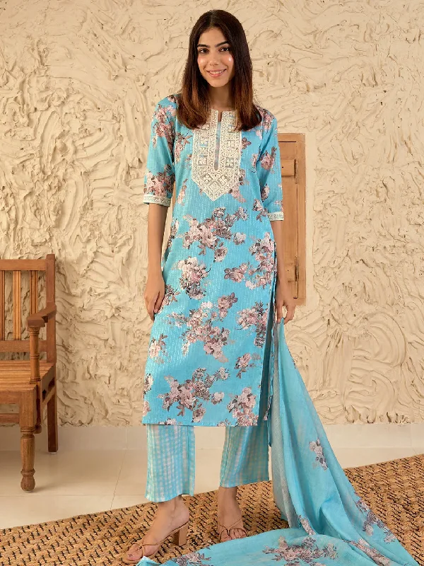 Women's Jumpsuits with U-Shaped CollarBlue Printed Cotton Straight Suit With Dupatta