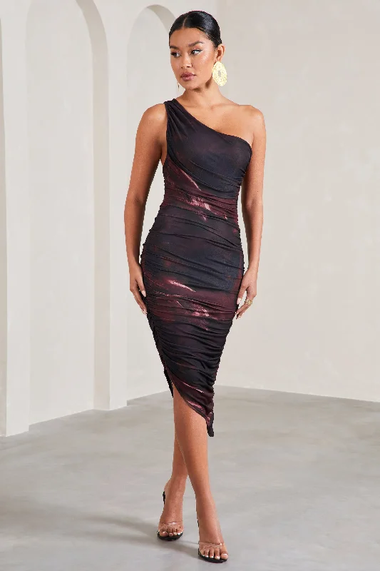 Women's Cap-Sleeve DressesDorit | Plum Print One Shoulder Asymmetric Ruched Midi Dress