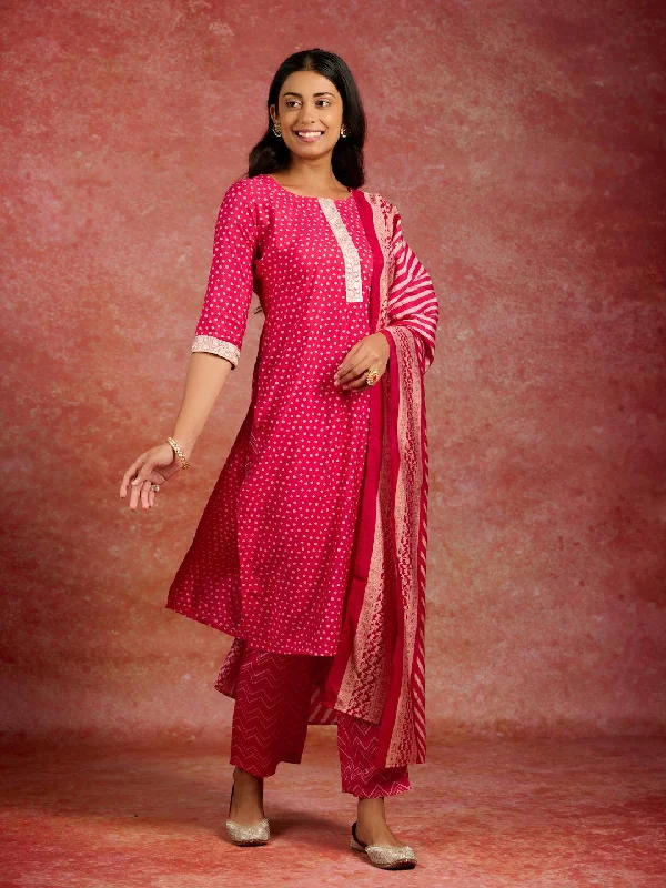 Women's Jumpsuits with ButtonsPink Printed Silk Blend Straight Suit With Dupatta