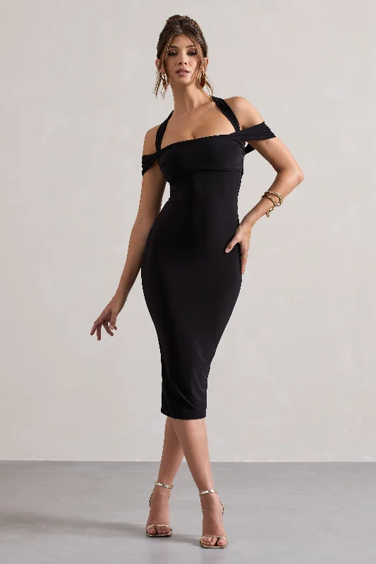 Women's Bell-Sleeve DressesMarla | Black Halter-Neck Draped-Sleeve Midi Dress