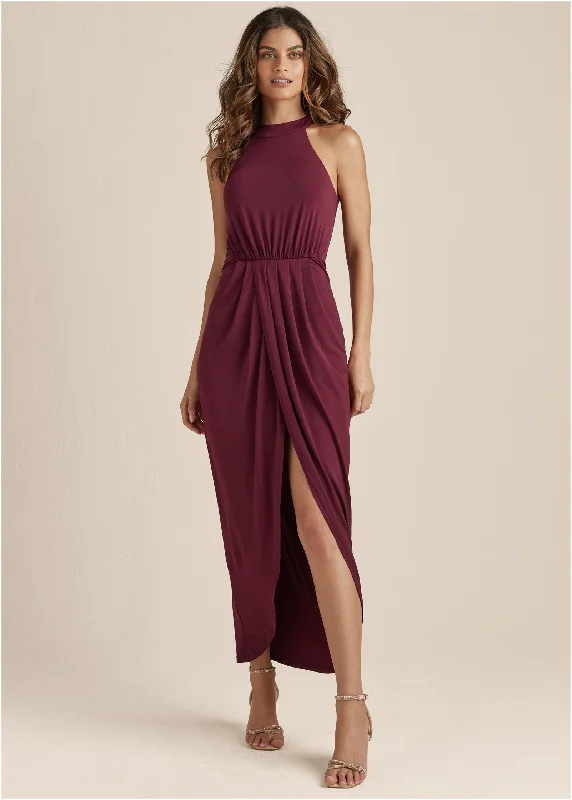 Women's High Collar DressesDrape Maxi Dress - Wine