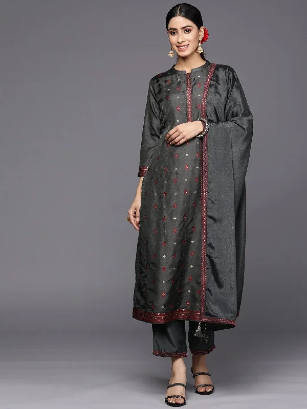 Women's Jumpsuits with Narrow CollarGrey Self Design Silk Blend Straight Kurta With Trousers & Dupatta