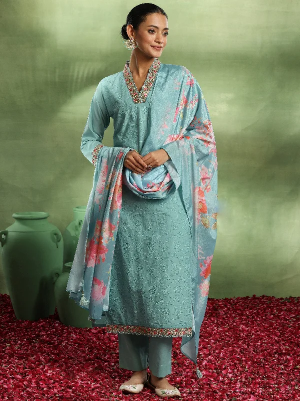 Women's Jumpsuits with ButtonsSea Green Embroidered Cotton Straight Suit With Dupatta